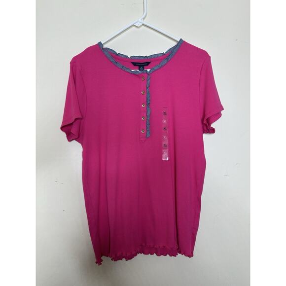 Tommy Hilfiger Woman’s XL New Pink Short Sleeve 1/2 Button Top Ruffle Ribbed - Picture 1 of 10
